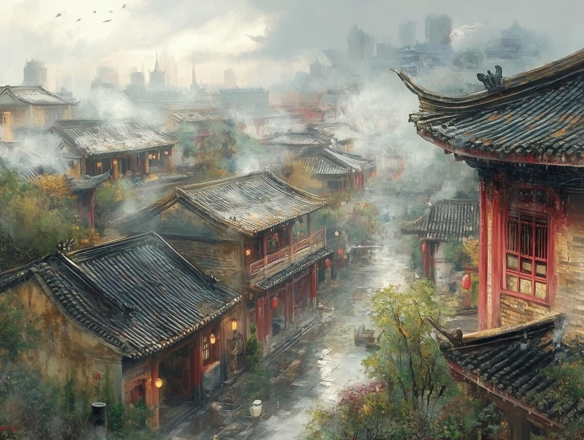 Mist Covered Ancient Chinese Village Curved Roof Street Scene Poster