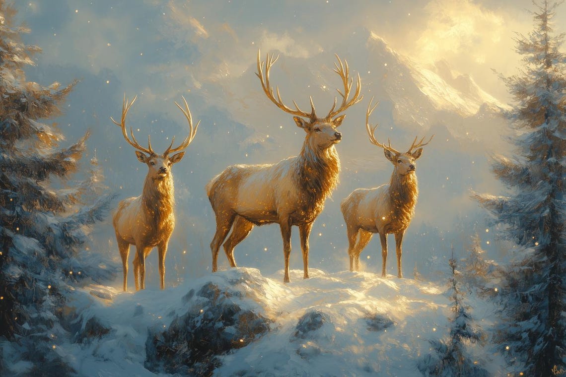 Three Stags in a Golden Snowy Mountain Landscape Winter Poster