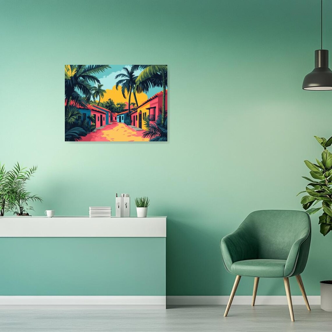 Vibrant Tropical Village Street Palms Colorful Sunset Home Art Poster - Image 2