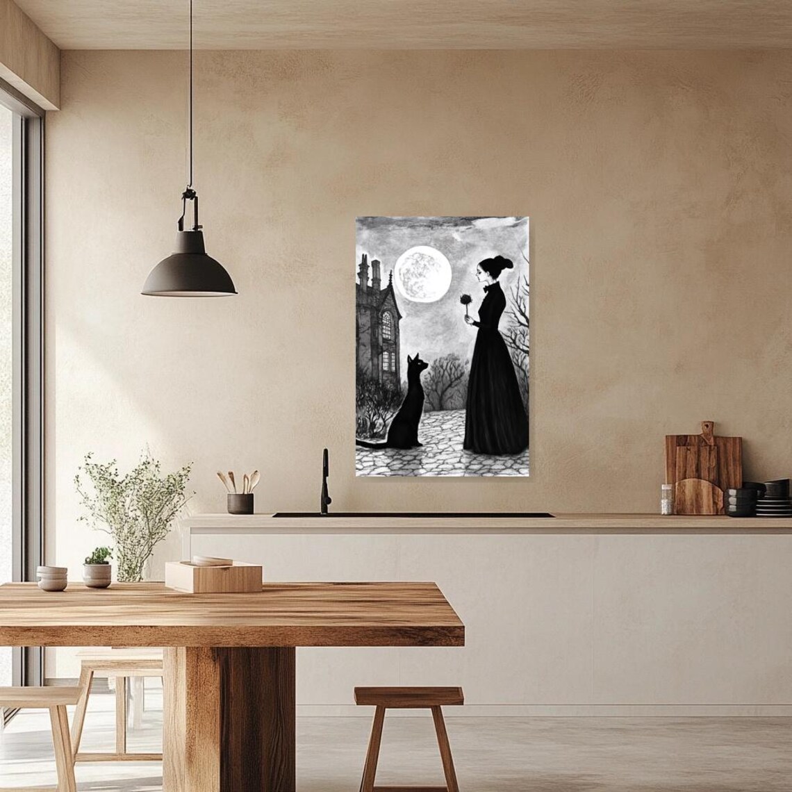 Gothic Woman With Black Cat Haunted House Full Moon Art Poster - Image 2