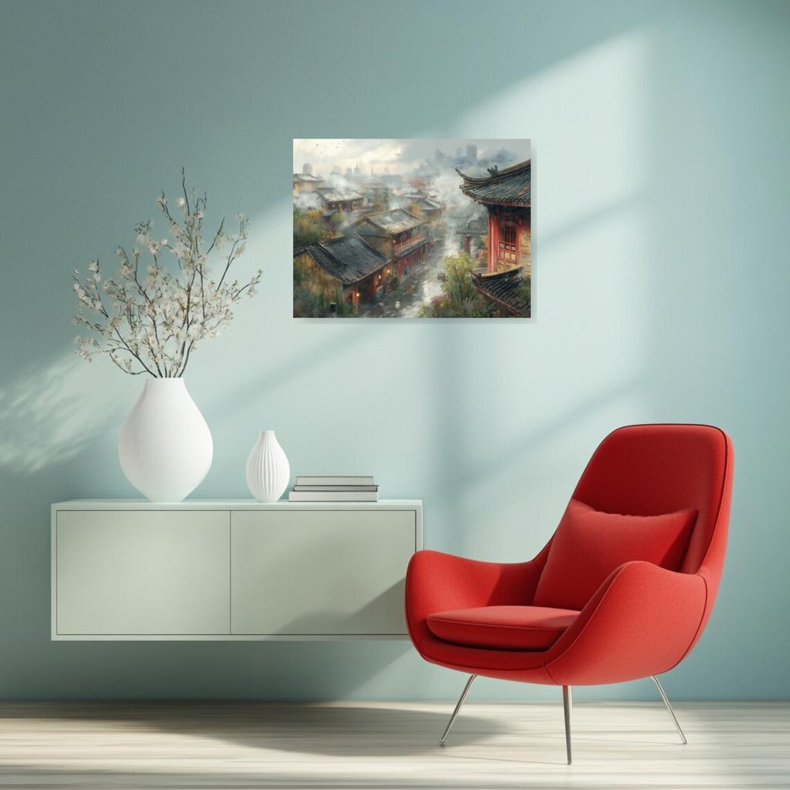 Mist Covered Ancient Chinese Village Curved Roof Street Scene Poster - Image 2