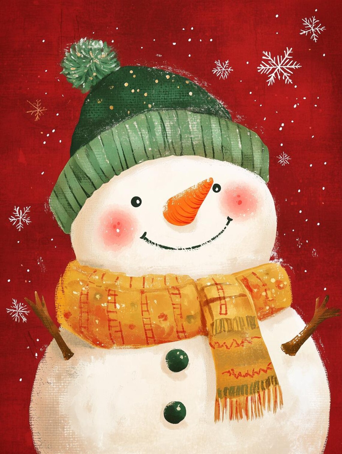 Cheerful Snowman Green Hat Gold Scarf Red Christmas Holiday Poster
