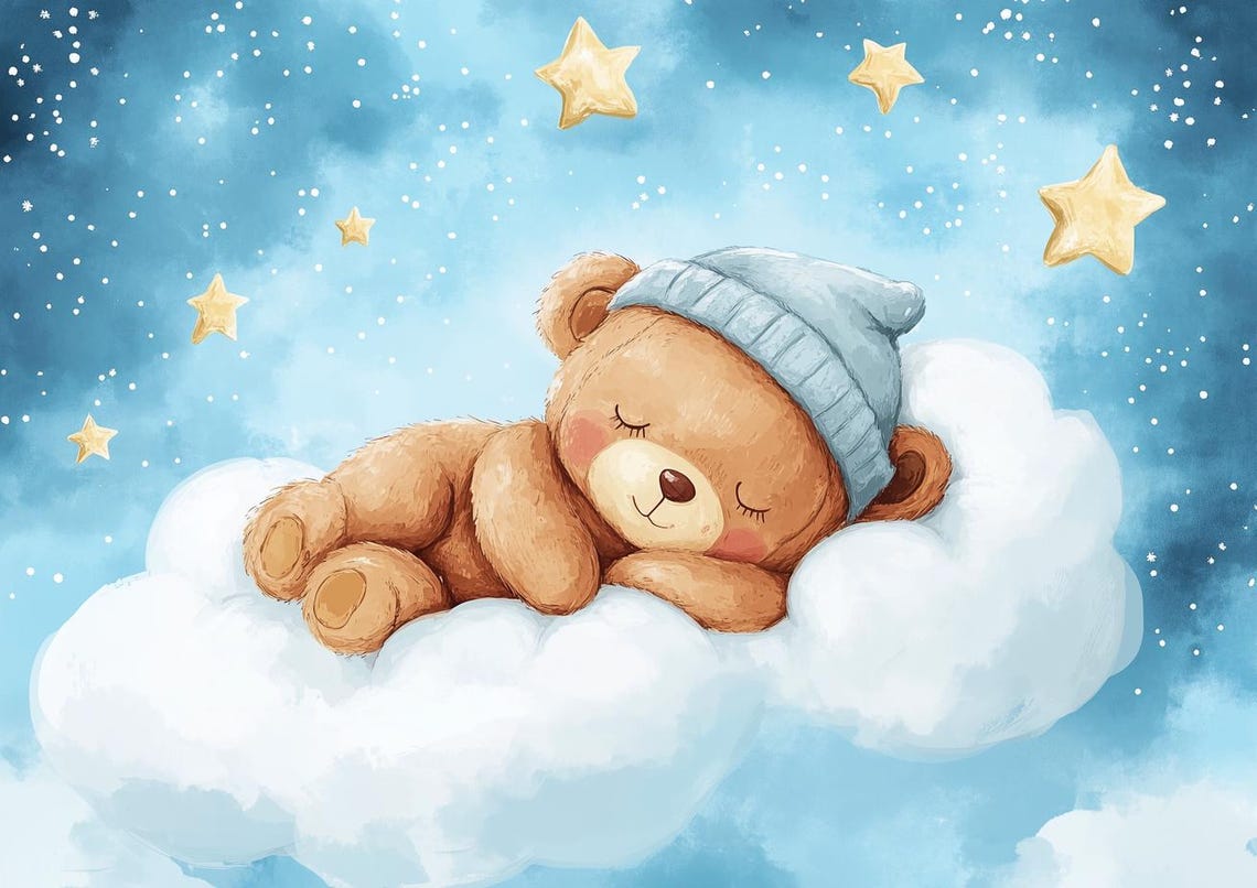 Sleeping Teddy Bear Cloud Stars Nursery Sweet Baby Art Poster