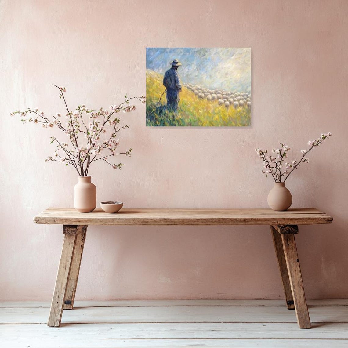 Shepherd Watching Sheep Flock In Golden Meadow Impressionist Poster - Image 2