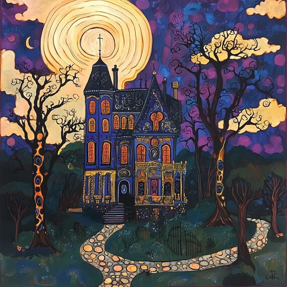 Mystical Blue House Glowing Under a Giant Moon at Night Poster