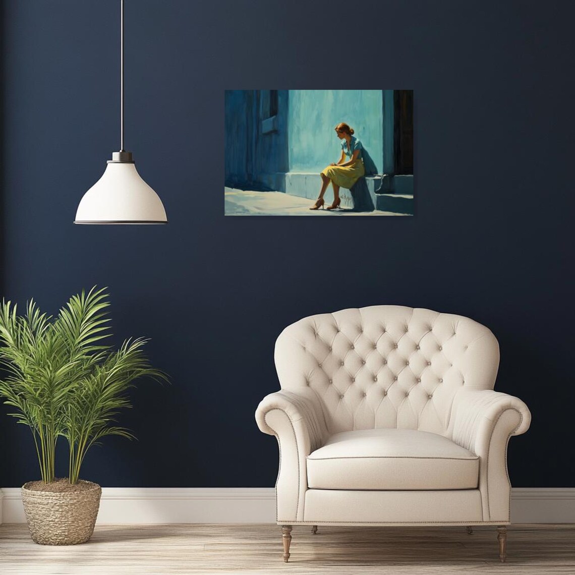 Hopper Style Pensive Woman in a Yellow Skirt in American Realism Style Poster - Image 2