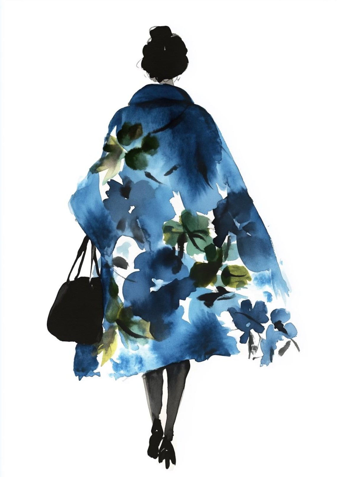 Woman in Blue Floral Coat Back View Fashion Watercolor Art Poster