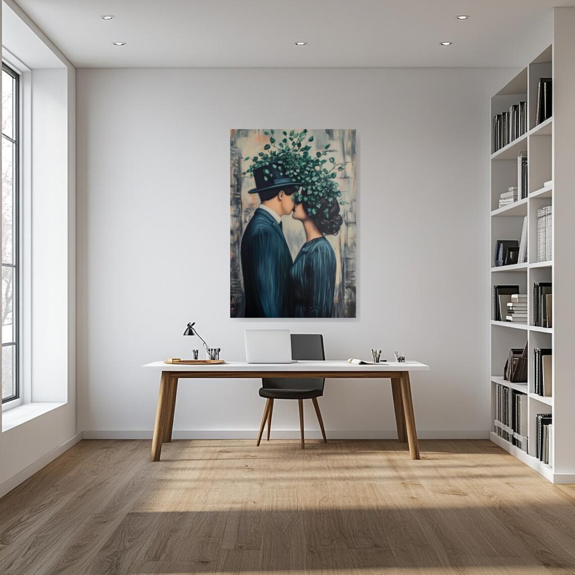 Surreal Kissing Couple with Leafy Top Hat Magritte Style Poster - Image 2