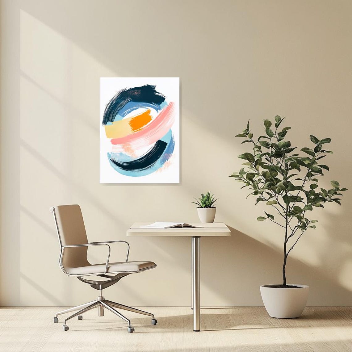 Abstract Circular Brushstroke Swirl in Navy Coral Blue Poster - Image 2