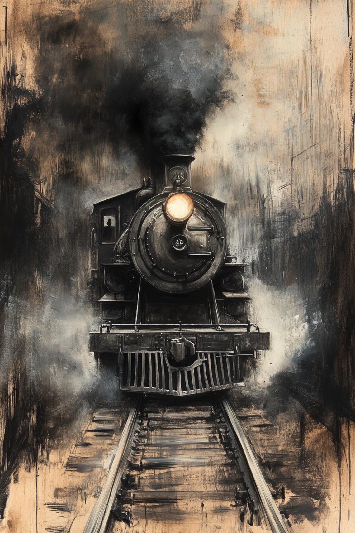 Vintage Train, Expressionist Black And Gold Art Print