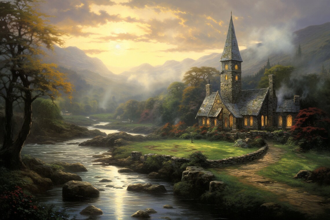 Thomas Kinkade Inspired Irish Castle, Timeless Elegance