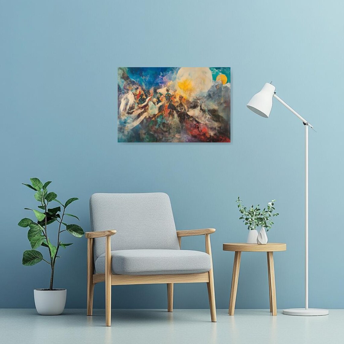 Dreamy Abstract Seascape With Golden Sun Over Blue And Coral Waves Poster - Image 2