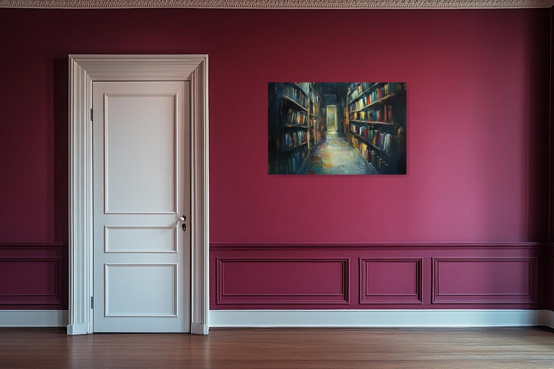 Moody Dark Library Corridor Painted in Rich Oils With Distant Light Poster - Image 2