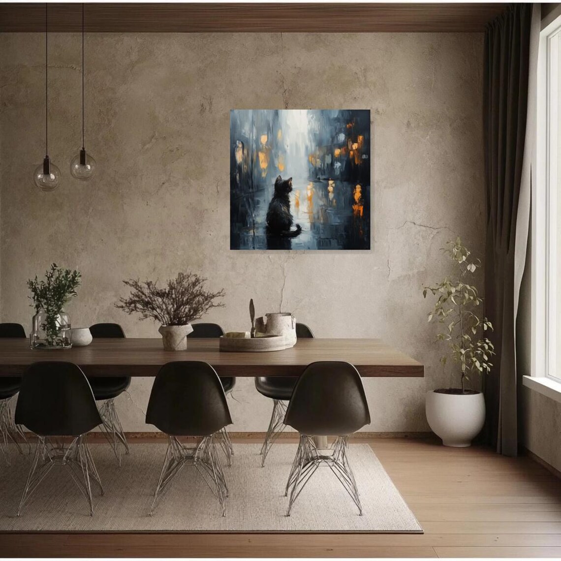 Black Cat Rainy Night Street Golden Lights Impressionist Poster - Image 2