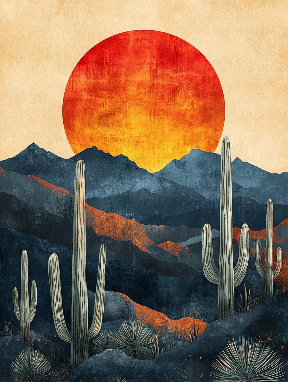 Arizona Desert Sunset Red Sun Saguaro Cacti Blue Mountains Art Poster