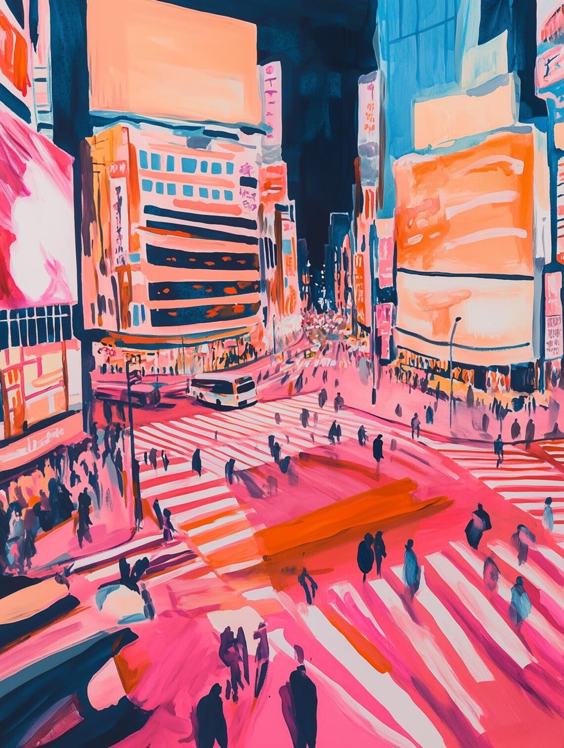 Neon Pink Tokyo Night Crossing City Lights Crowd Urban Art Poster
