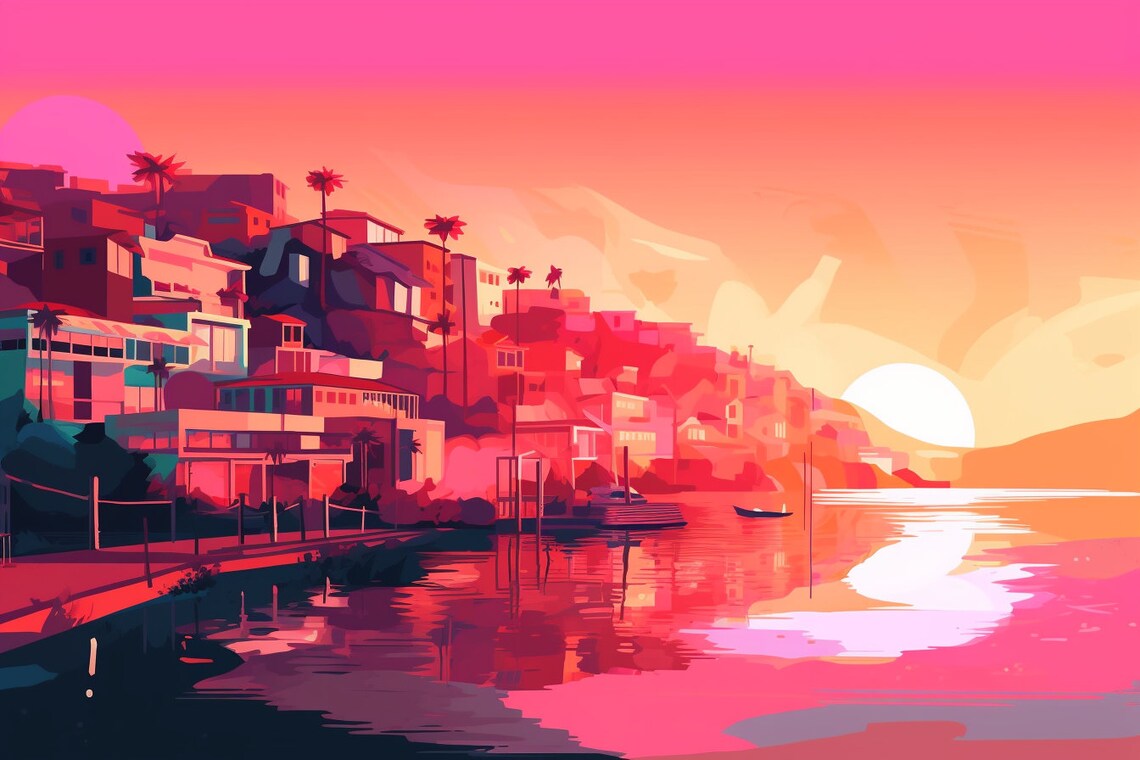 Vibrant Coastal Town Pink Sunset Pop Art Cityscape View Poster