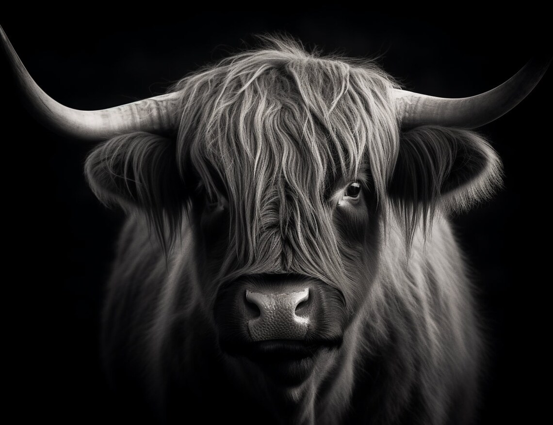 Monochromatic Highland Cow Portrait, Glen Angus