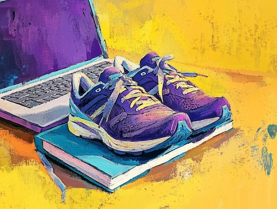 Purple Running Shoes on Books Laptop Colorful Pop Art Still Life Poster