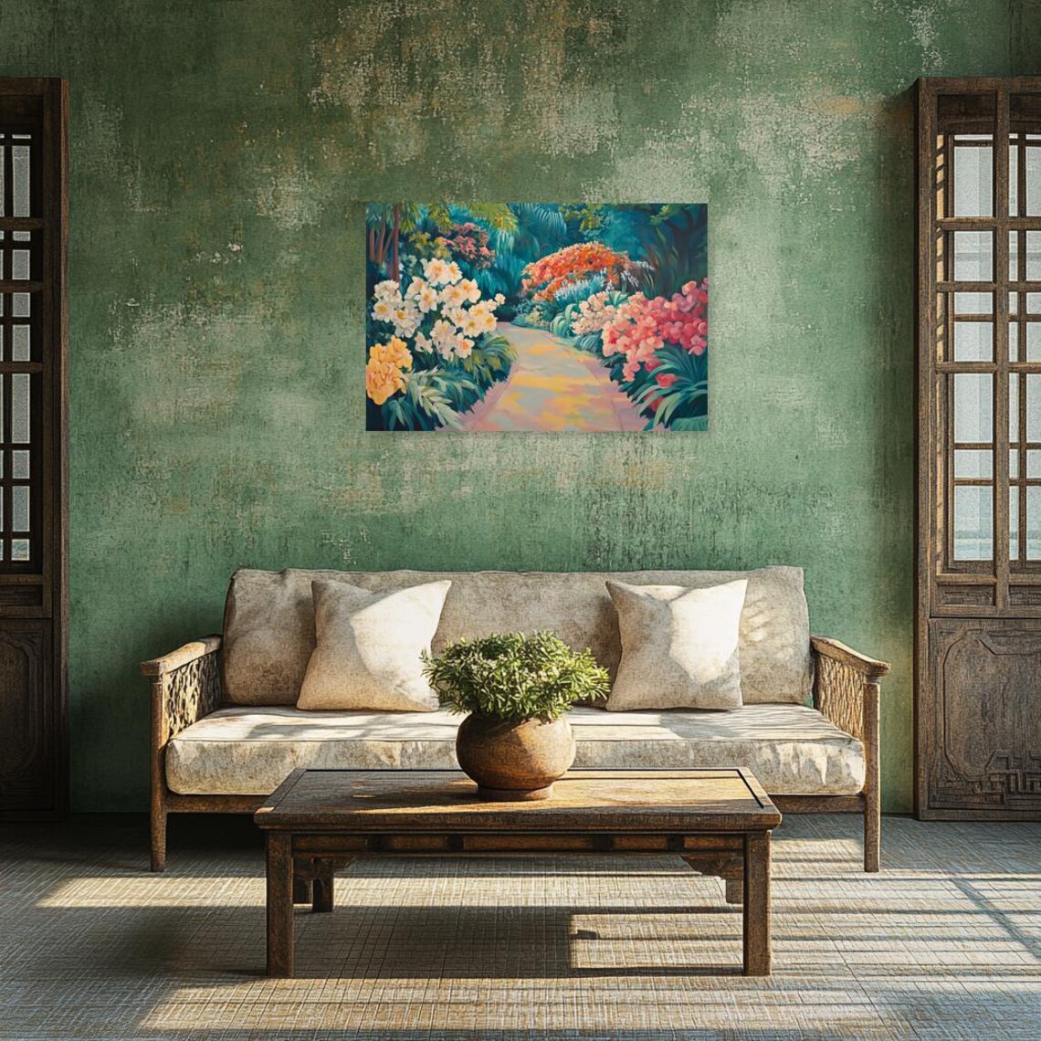 Sunlit Tropical Garden Path Lined With Bright Blooming Flowers Poster - Image 2
