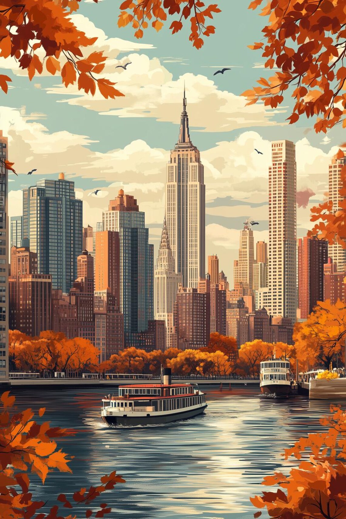 Autumn New York City Skyline Empire State Ferries Fall Foliage Poster
