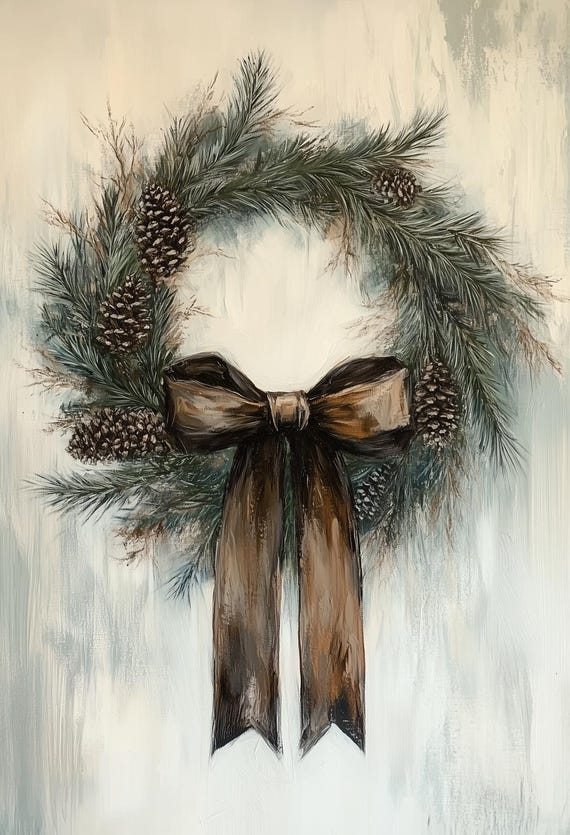 Pinecone Wreath Art Print, Rustic Holiday Decor