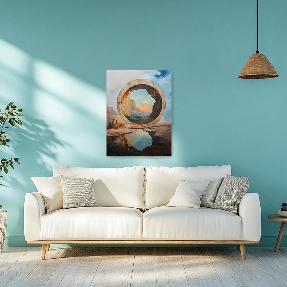 Surreal Stone Ring Portal Dreamlike Mountain Vista Reflection Poster - Image 3
