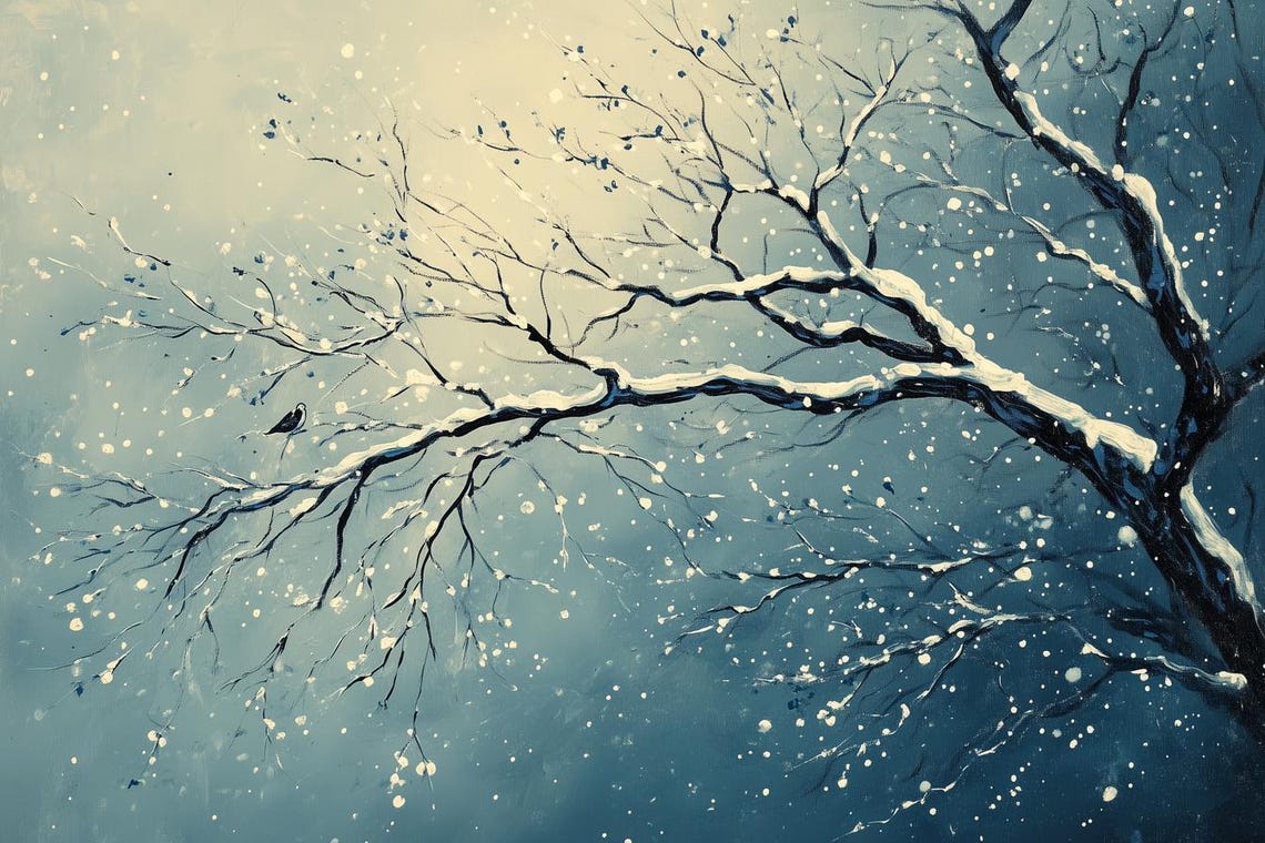 Snow-Laden Tree Branches Falling Snow Winter Night Painting Poster
