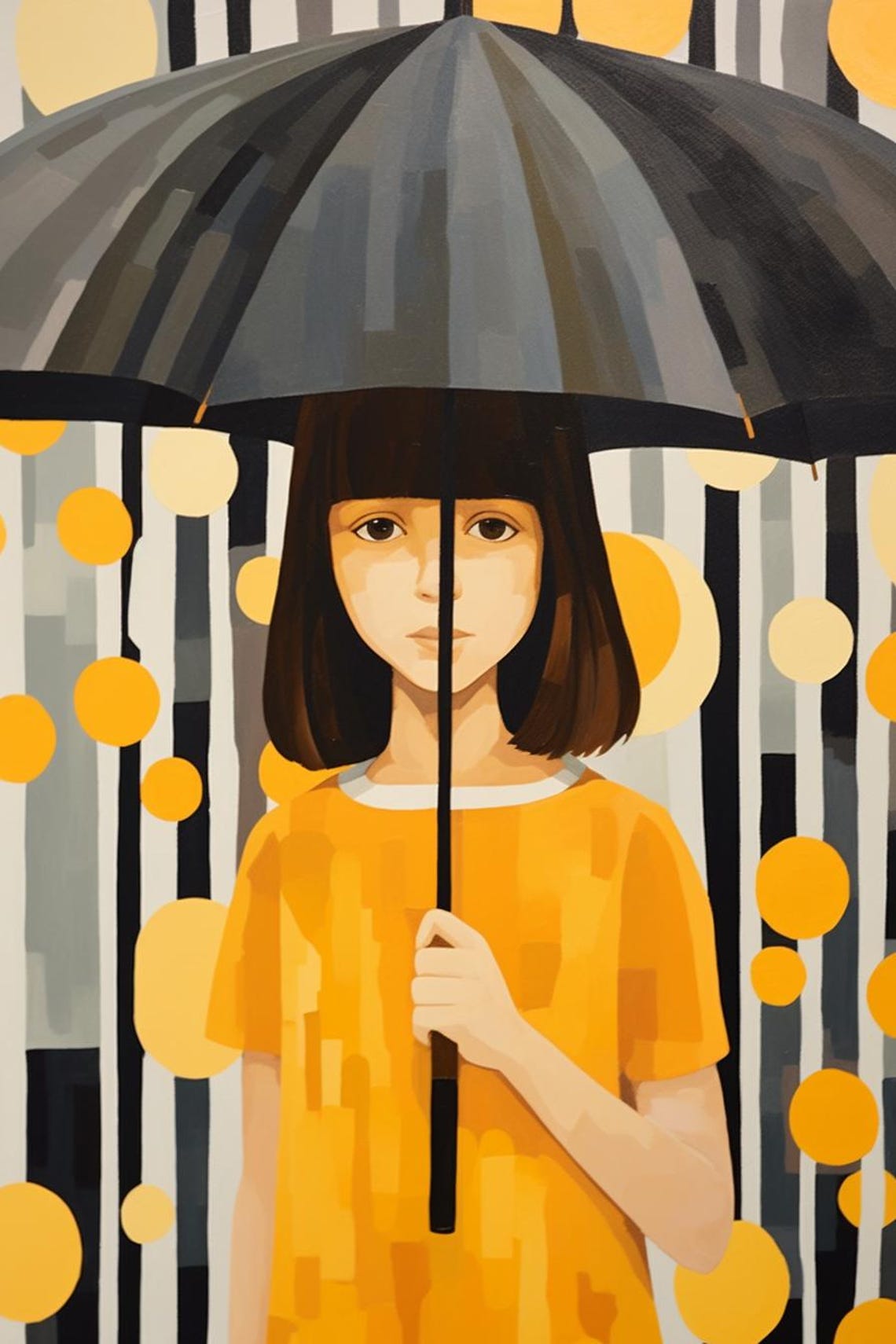 Pop Art Girl With Umbrella Black Yellow Dots Gray Stripes Wall Poster