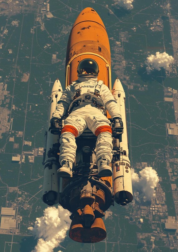 Retro Astronaut Riding a Space Shuttle High Above Earth Poster