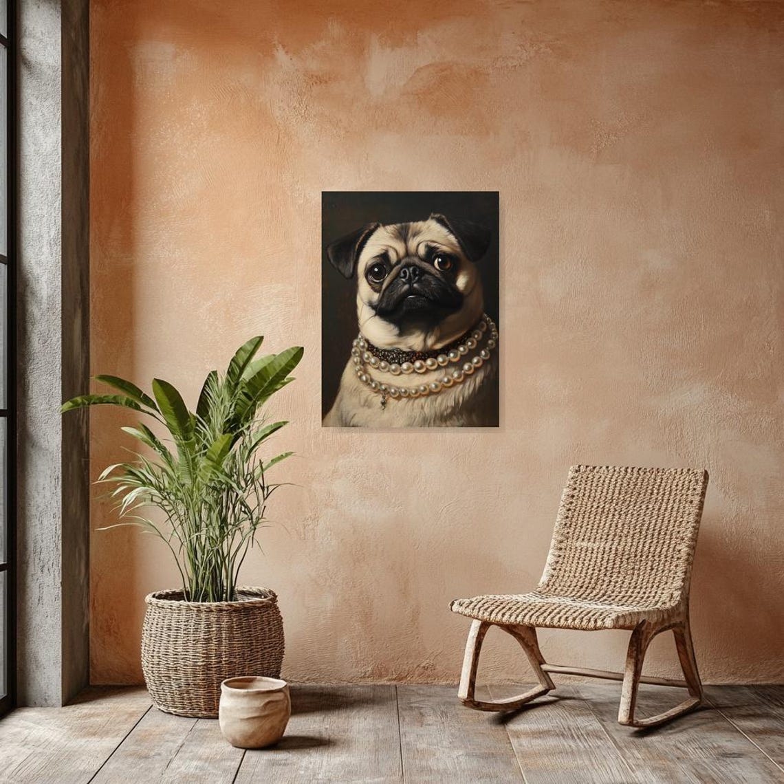 Baroque Style Pug Dog Portrait Wearing Pearl Necklaces Poster - Image 3