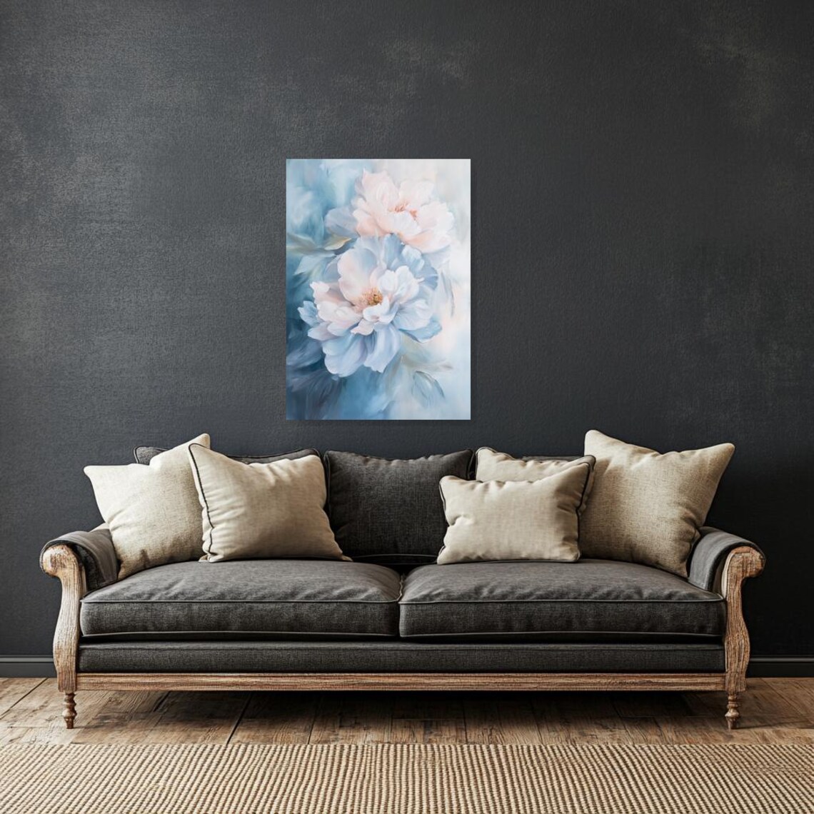 Soft Pastel Peony Flowers in Dusty Blue and Blush Pink Poster - Image 2