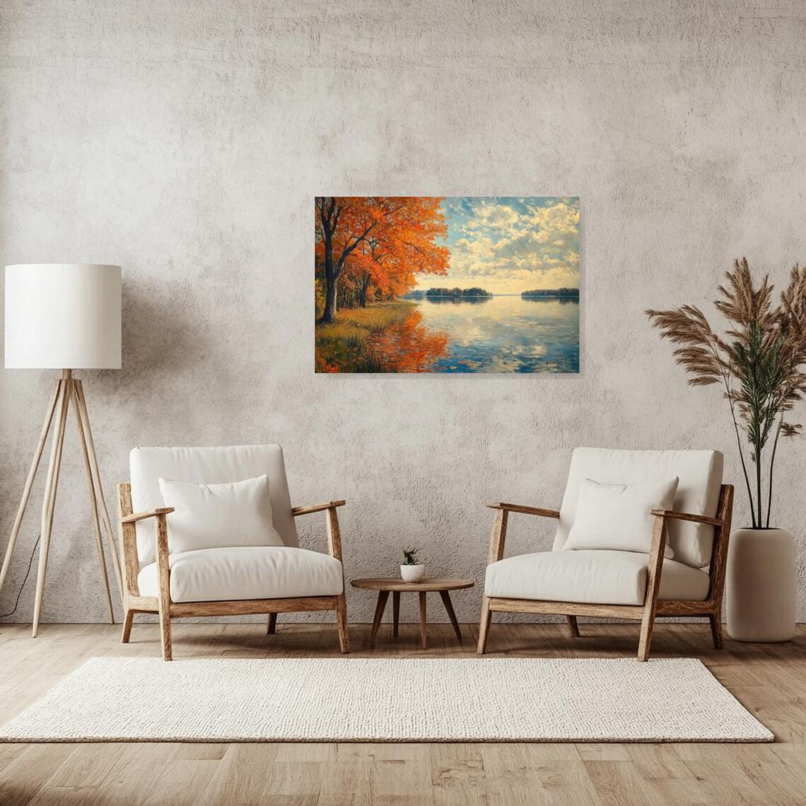 Autumn Lake With Fiery Orange Trees Impressionist Landscape Poster - Image 3