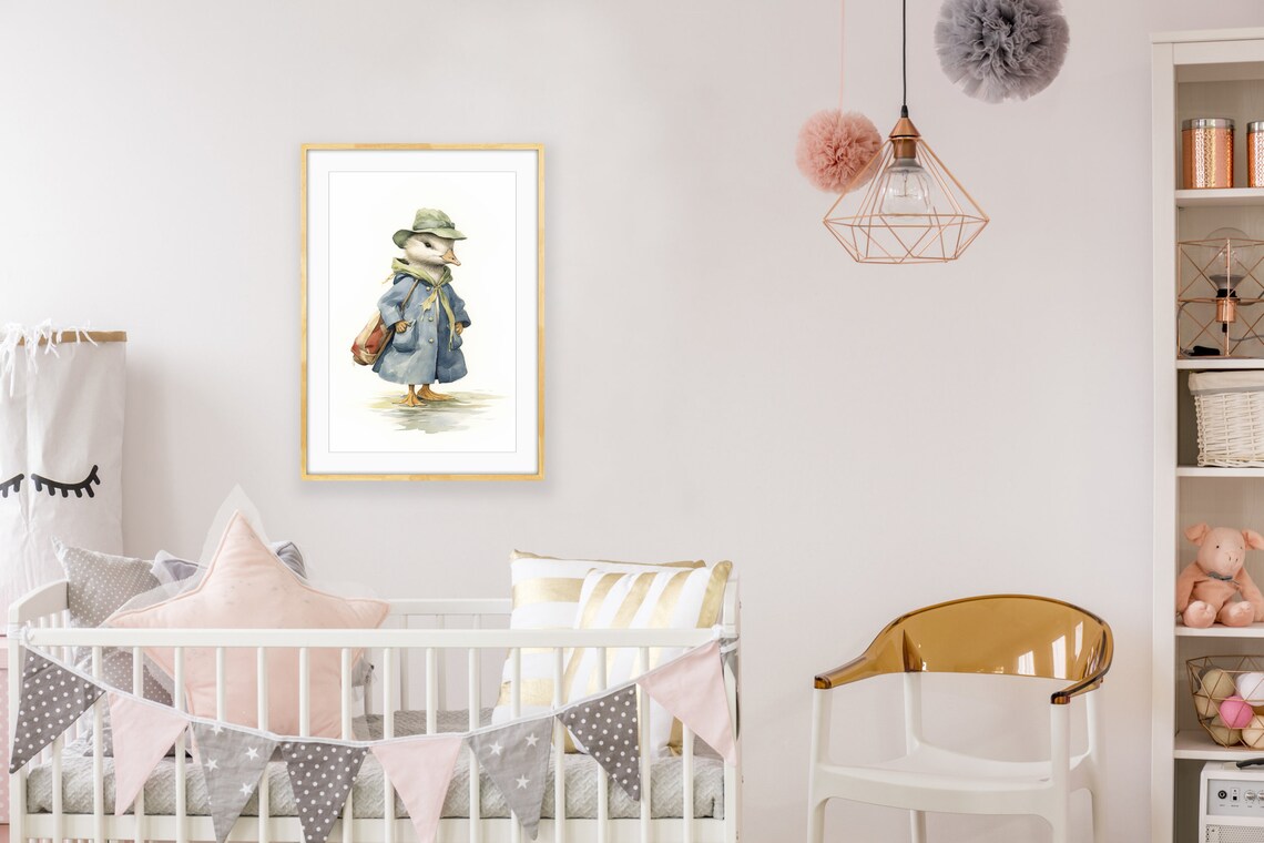 Cute Duckling Traveler In Coat Watercolor Nursery Wall Poster - Image 2