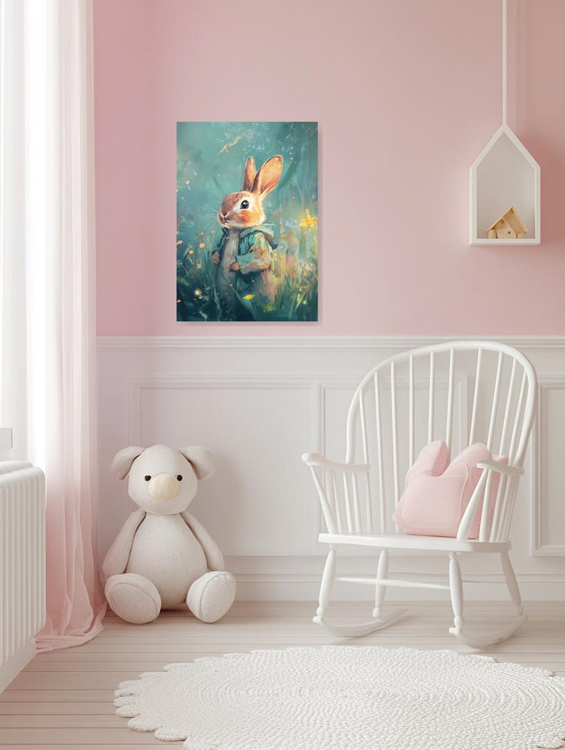 Whimsical Bunny in a Blue Jacket in a Dreamy Teal Meadow Poster - Image 4