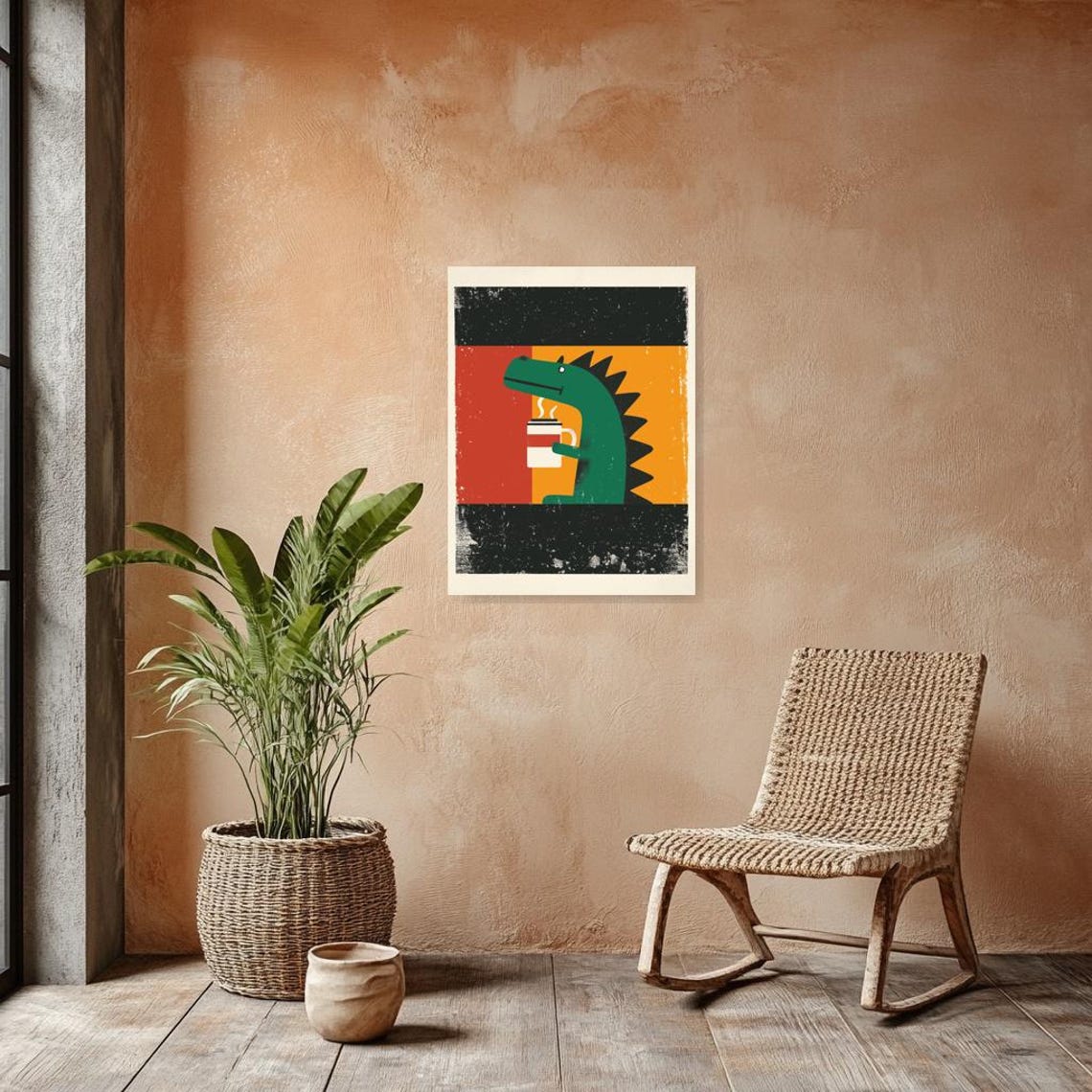 Green Dinosaur Drinking Coffee in Bold Retro Poster Style Poster - Image 2