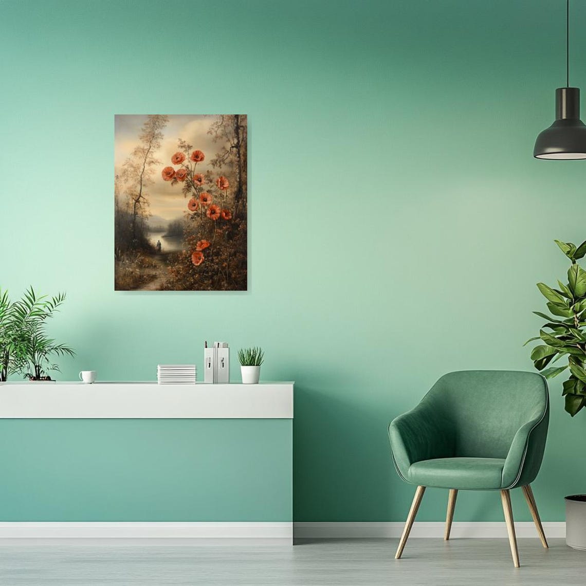 Red Poppies by Misty Riverside Vintage Impressionist Landscape Poster - Image 3