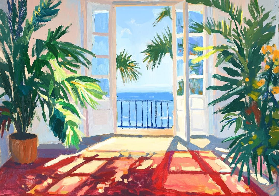 Tropical Coastal View Through Palms Impressionist Seaside Poster