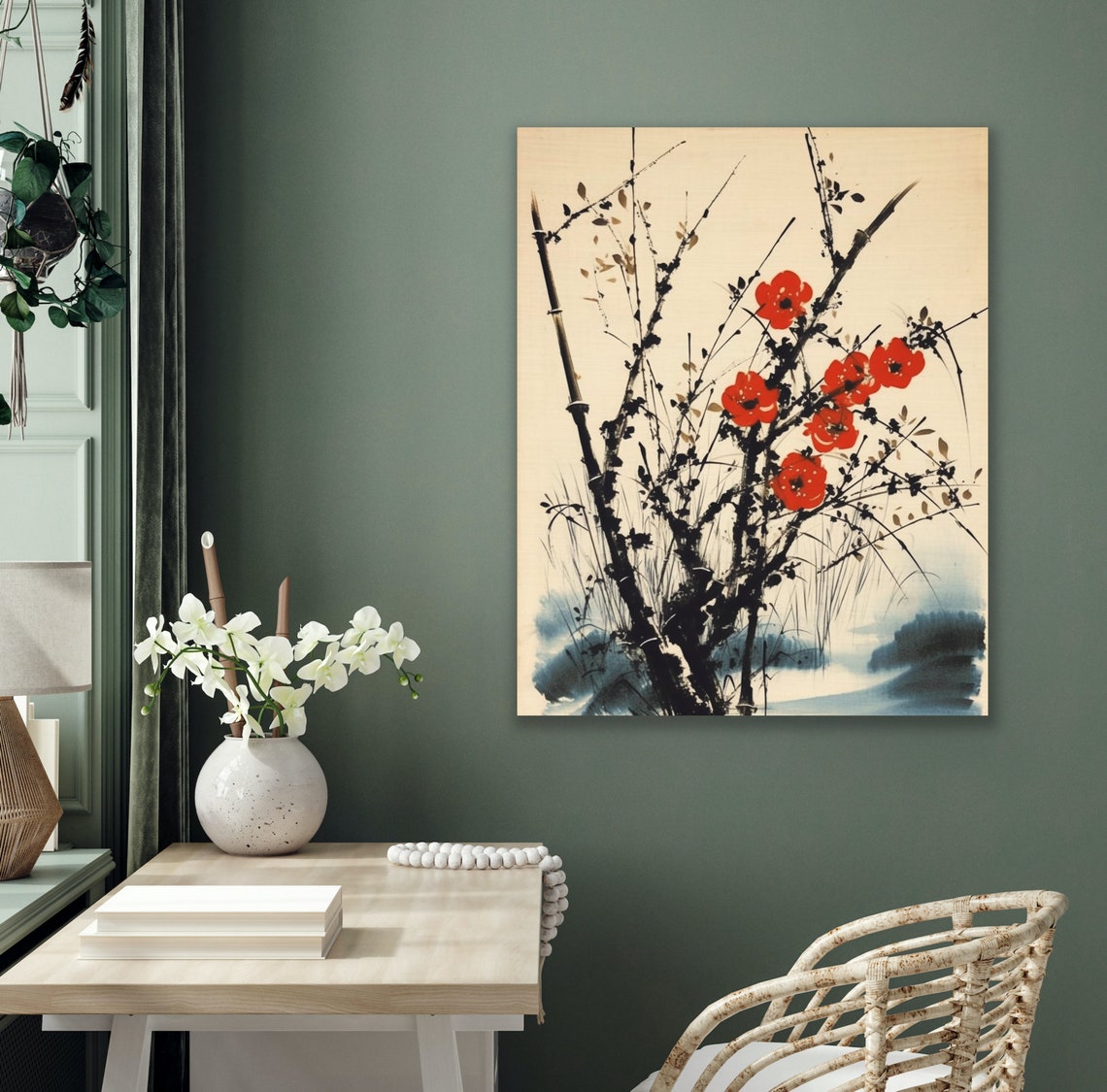Red Blossoms on Black Ink Bamboo Chinese Style Floral Poster - Image 2