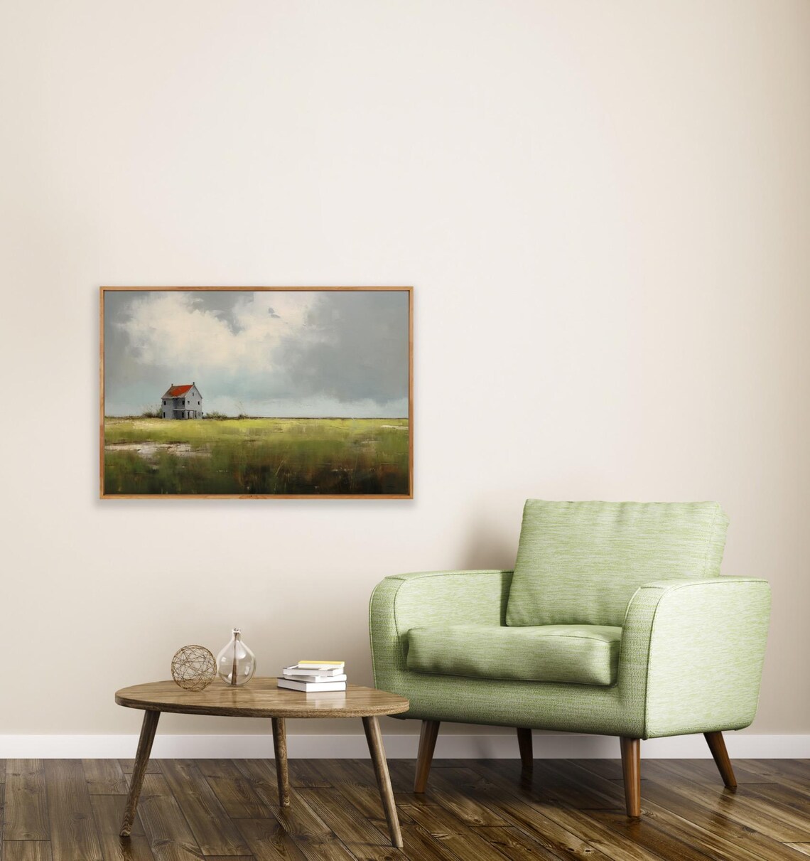 Red Roof Farmhouse Green Field Cloudy Sky Countryside Painting Poster - Image 2
