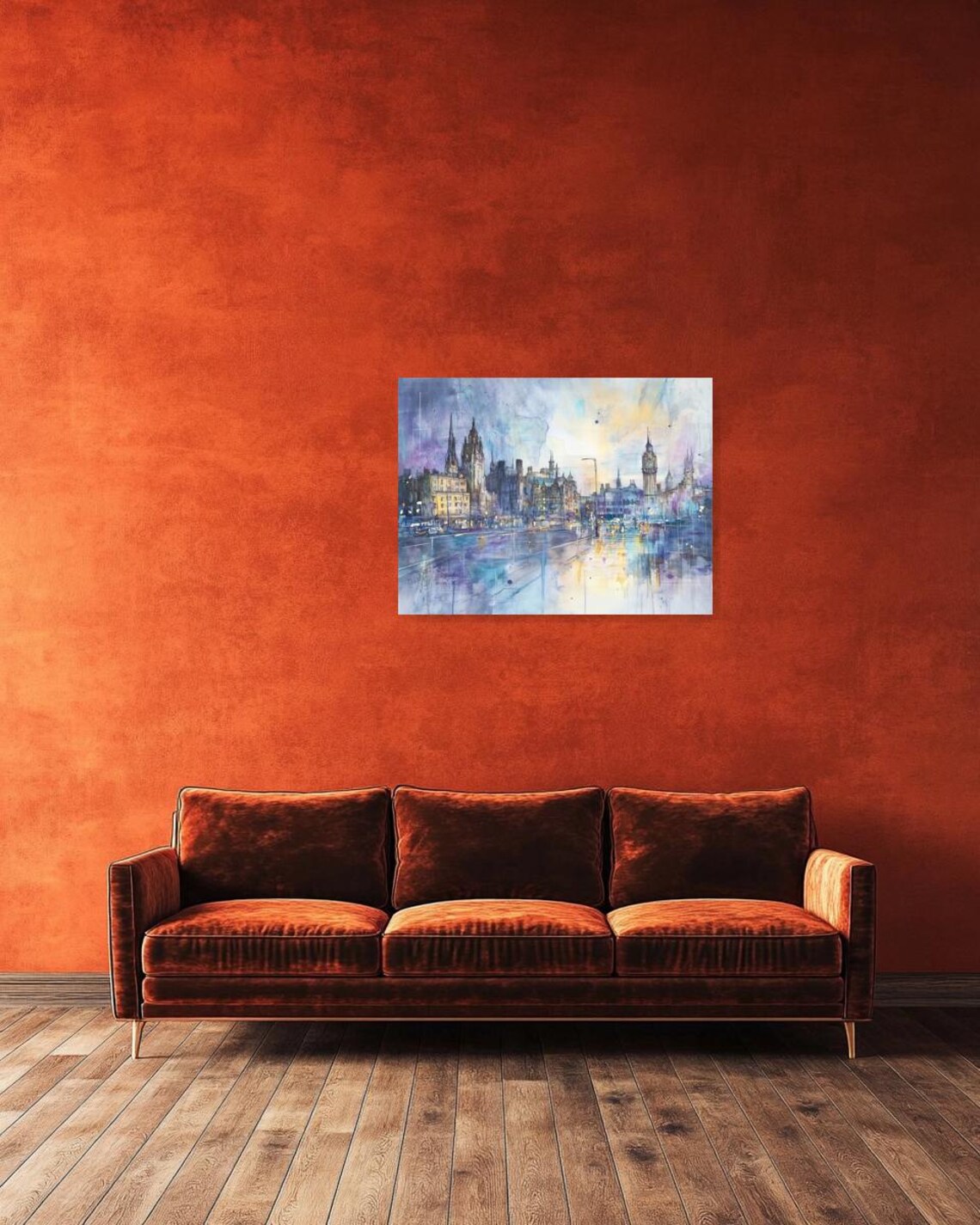 Rainy London Watercolor Cityscape with Big Ben Clock Tower Poster - Image 2