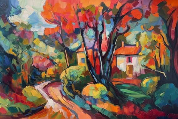 House In The Woods With Orange Tree Fauvism Print With Brilliant Colors Print