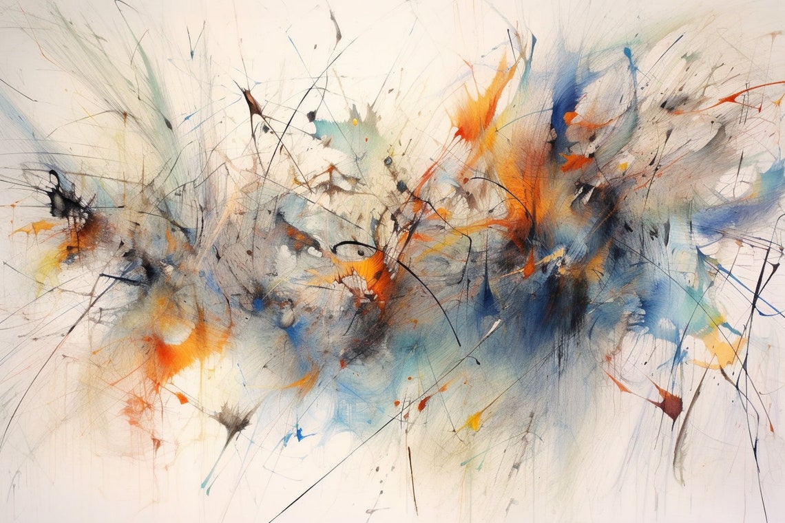 Abstract Ink Lines Chaos with Orange and Blue Splashes Modern Poster