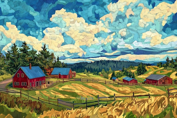 Van Gogh Style Red Barns Farm Under Dramatic Cloudy Sky Poster