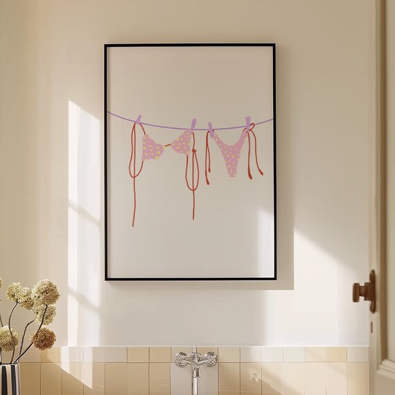 Pink Polka Dot Bikini on Clothesline Minimalist Coastal Wall Art