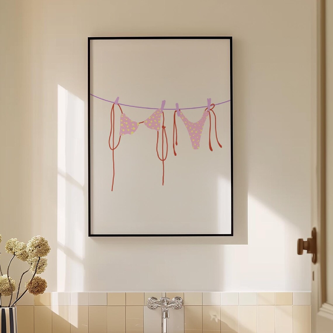 Pink Polka Dot Bikini on Clothesline Minimalist Coastal Wall Art