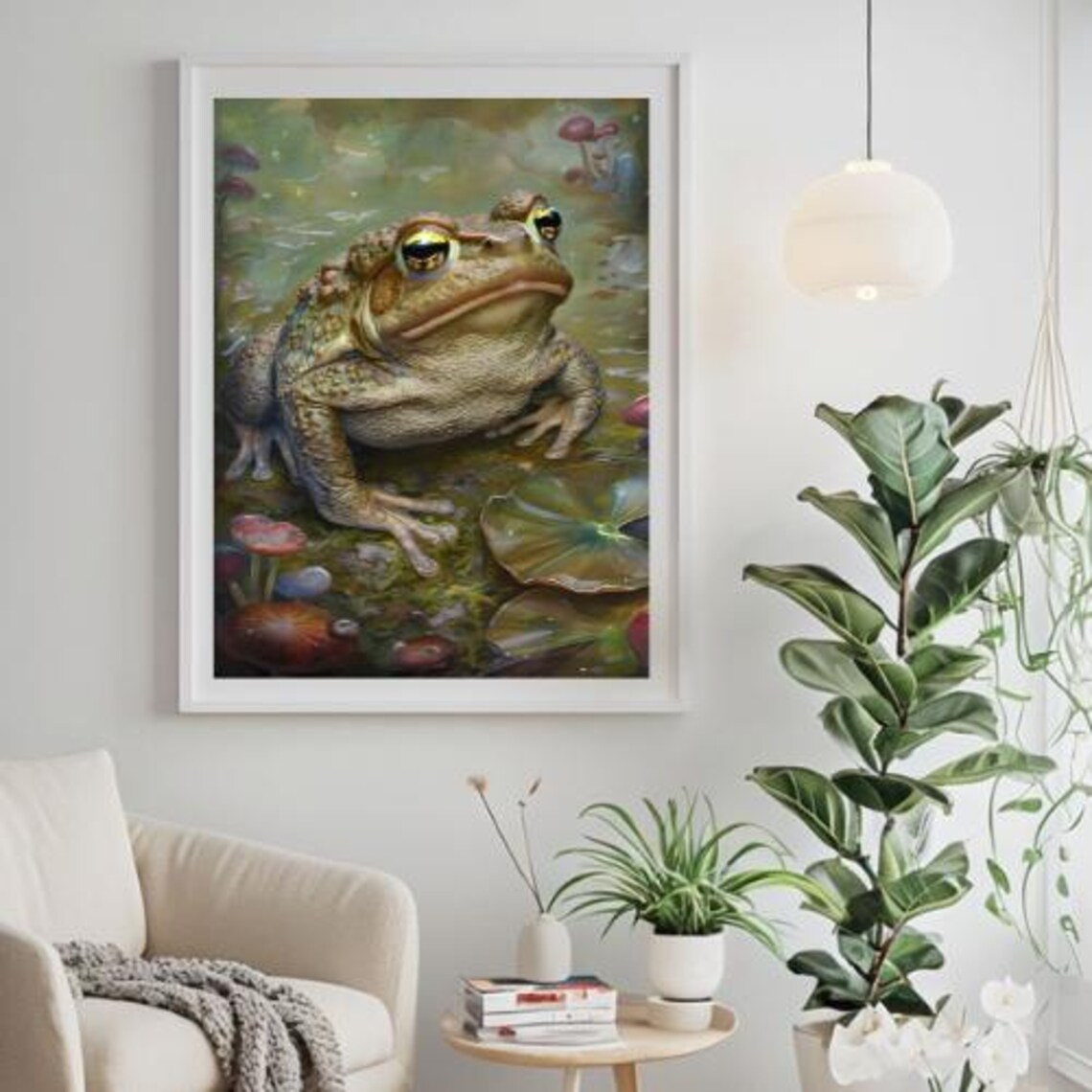 Realistic Frog Among Mushrooms Lily Pads Nature Art Wall Poster - Image 3