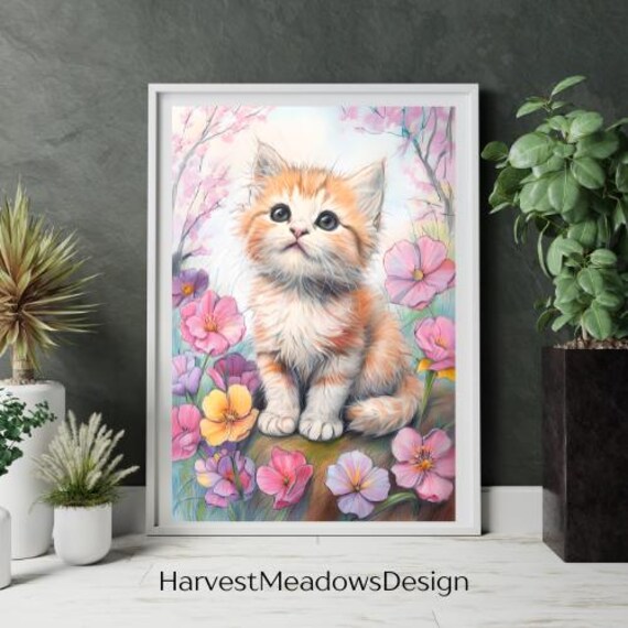 Cute Orange Kitten Surrounded by Pink Flowers Watercolor Art Poster