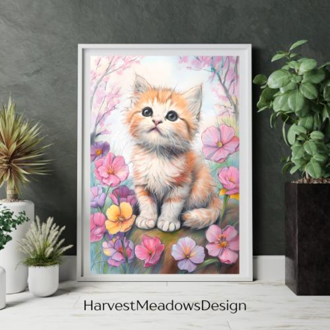 Cute Orange Kitten Surrounded by Pink Flowers Watercolor Art Poster