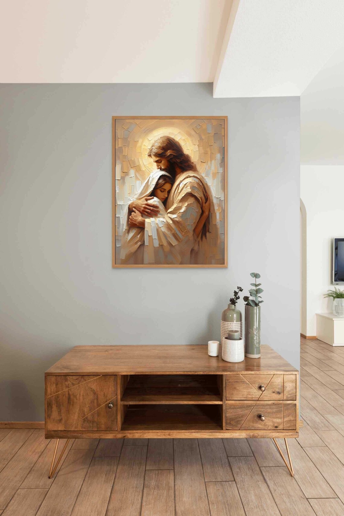 Jesus Embracing Veiled Woman Beneath Golden Mosaic Halo Art Poster - Image 4